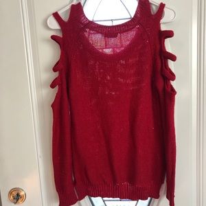 Red shoulder cut out sweater